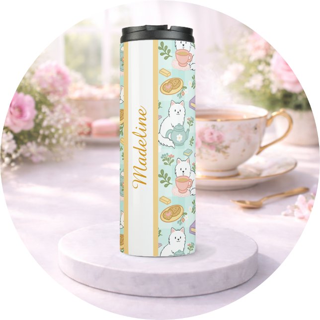 Personalized Tea Book Cat Girl Pastel Mint Green  Thermal Tumbler (Creator Uploaded)