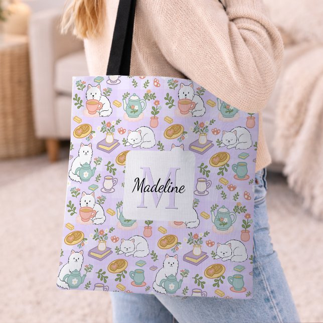 Personalized Tea & Bookish Cats Purple Girly Tote Bag (Creator Uploaded)