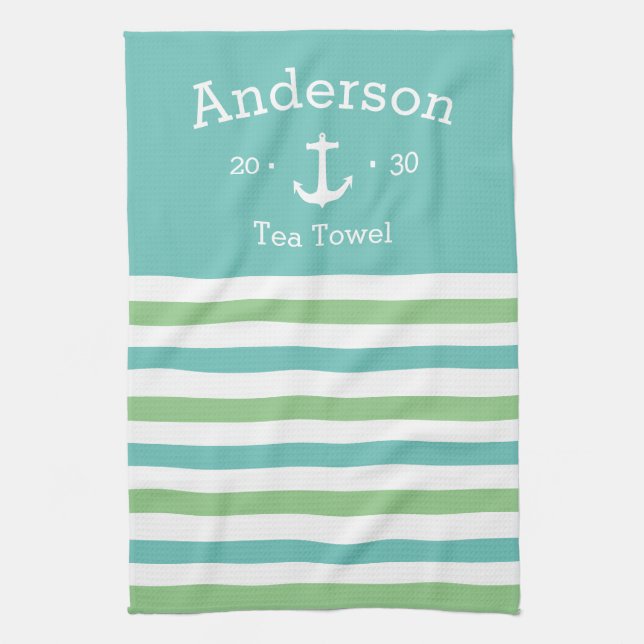 Personalized Tea Towel - Striped Nautical G/B (Vertical)