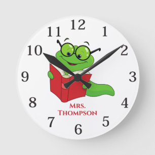 Personalized Teacher Bookworm Round Clock