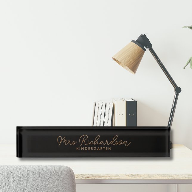 Personalized Teacher Name Grade Minimalist Modern Nameplate (teacher desk accessories custom black and gold teacher nameplate)