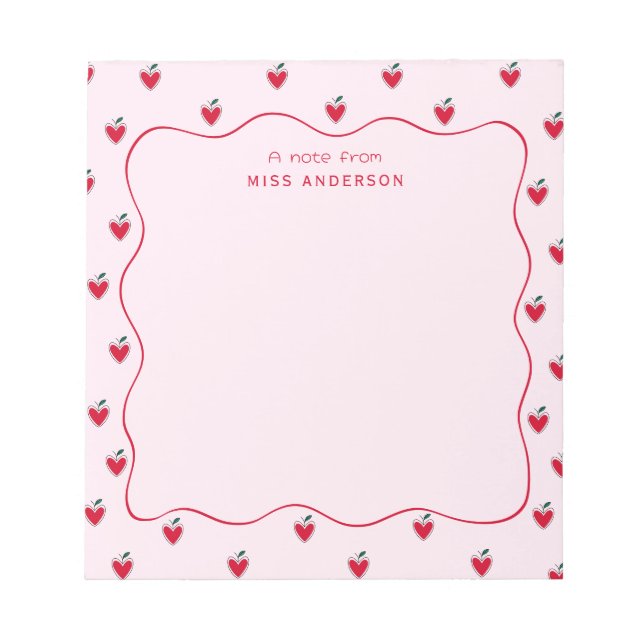Personalized Teacher's Name Heart Apple Valentine Notepad (Front)