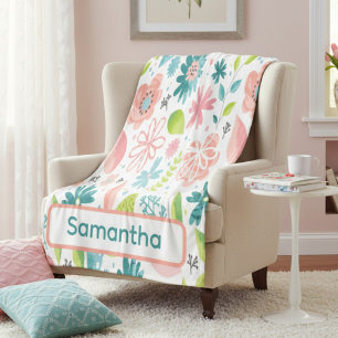 Personalized Teal and Pink Floral Fleece Blanket