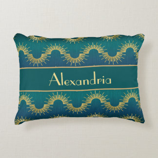 Personalized Teal & Gold Art Deco Sunburst Name Decorative Cushion