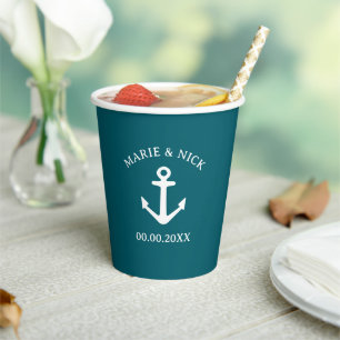 Personalized teal nautical anchor wedding party paper cups