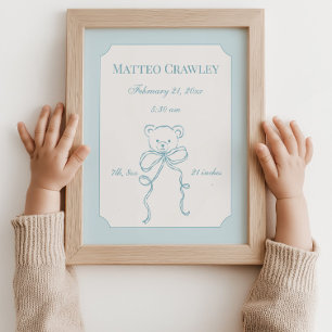 Personalized Teddy Bear Blue Birth Info Poster