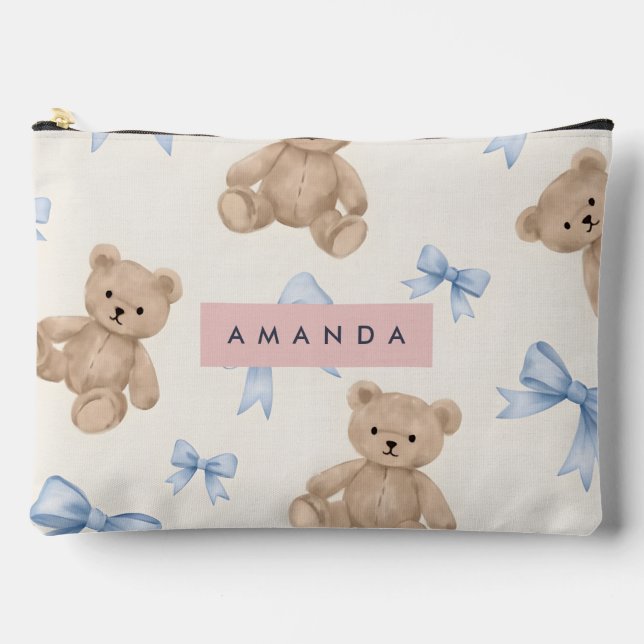Personalized Teddy Bear & Blue Bow Pattern Accessory Pouch (Front)