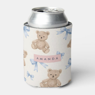 Personalized Teddy Bear & Blue Bow Pattern Can Cooler