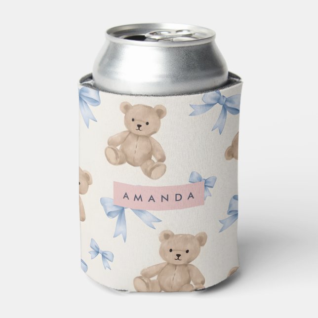 Personalized Teddy Bear & Blue Bow Pattern Can Cooler (Can Front)