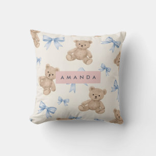 Personalized Teddy Bear & Blue Bow Pattern Cushion