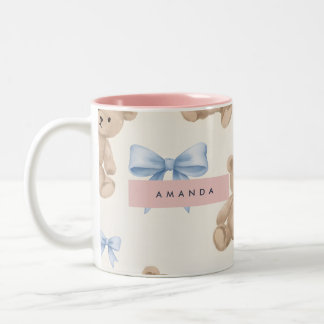 Personalized Teddy Bear & Blue Bow Pattern Two-Tone Coffee Mug