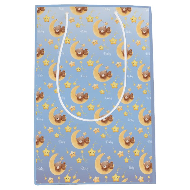 Personalized Teddy Bear Moon Soft Blue Baby Shower Medium Gift Bag (Front)