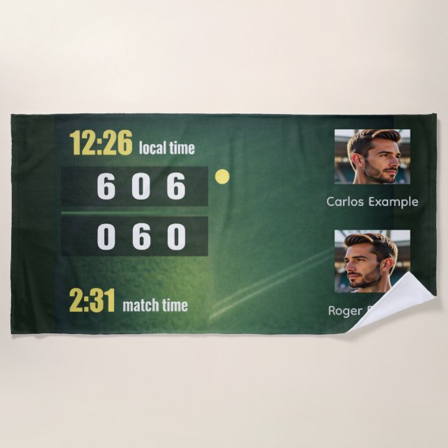 Personalized Tennis Scoreboard Match Result Beach Towel (Front)