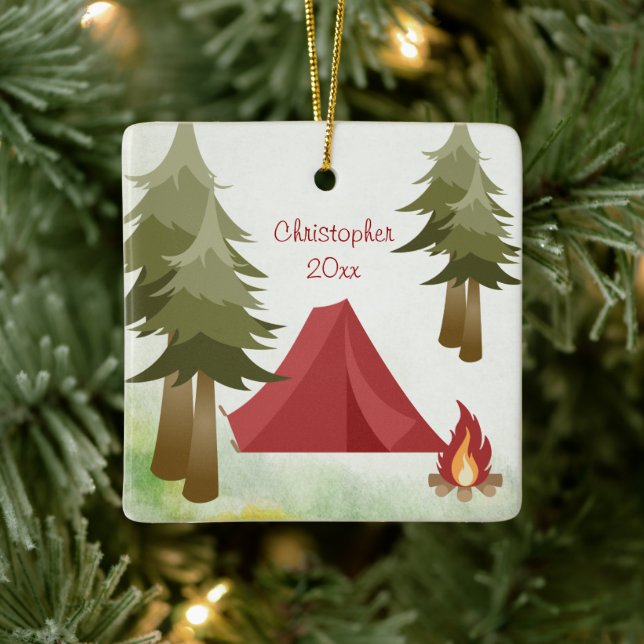 Personalized Tent and Campfire Camping Christmas Ceramic Ornament (Tree)