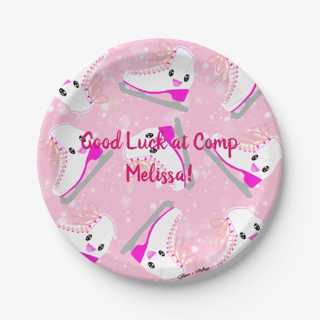 Personalized Text Ice Skating Pattern Pink Kawaii Paper Plate (Front)