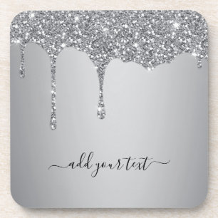 Personalized Text Silver Glitter Sparkle Drips Coaster