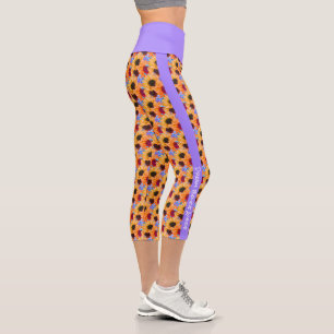 Personalized Text Sunflower Neon Purple Stripes Capri Leggings