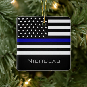 Personalized Thin Blue Line Flag Ceramic Ornament