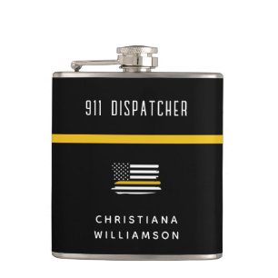 Personalized Thin Gold Line Flag 911 Dispatcher  Hip Flask