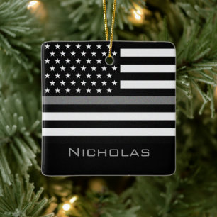 Personalized Thin Gray Line Flag Ceramic Ornament