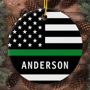 Personalized Thin Green Line Military Christmas Ceramic Tree Decoration