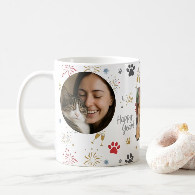 Personalized Three-Photo New Year's Pet Paw Print  Coffee Mug (With Donut)