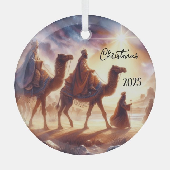 Personalized Three Wise Men Caravan  Glass Tree Decoration (Front)