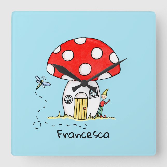 Personalized Toadstool, Elf & Dragonfly Square Wall Clock (Front)