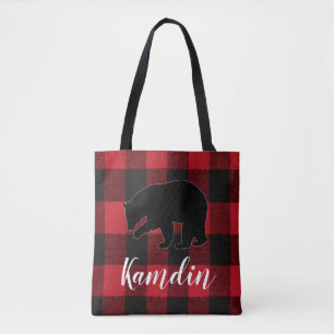 Personalized Tote Bag Red Buffalo Plaid Bear Black