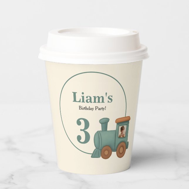 Personalized Train Photo Birthday Party Paper Cups (Front)