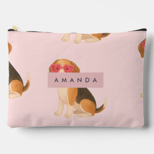 Personalized Trendy Beagle Dog with Heart Glasses Accessory Pouch