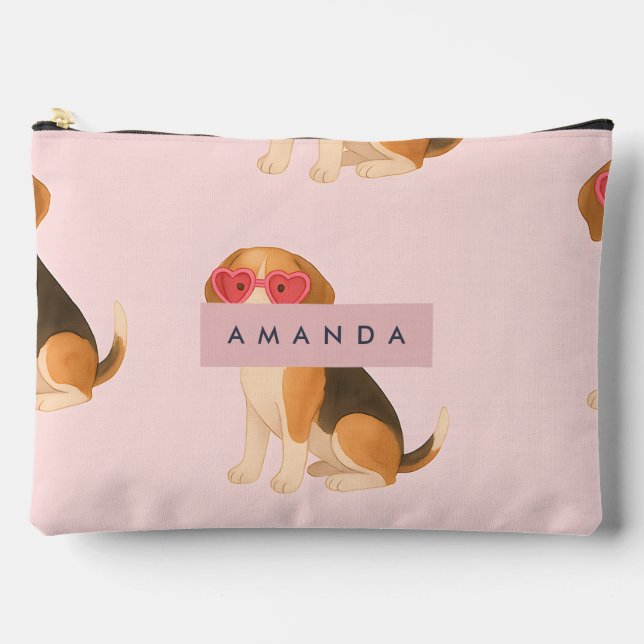 Personalized Trendy Beagle Dog with Heart Glasses Accessory Pouch (Front)