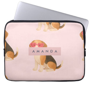 Personalized Trendy Beagle Dog with Heart Glasses Laptop Sleeve