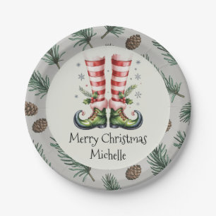 Personalized Trendy Christmas Holiday Elf Feet Paper Plate