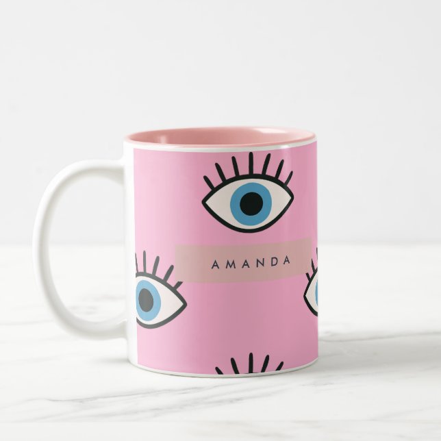 Personalized Trendy Evil Eye Pop Art Pattern Two-Tone Coffee Mug (Left)