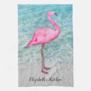 Personalized Trendy Pink Flamingo Tropical Beach Tea Towel
