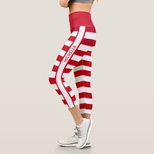Personalized Trendy Red White Stripes Candy Cane Capri Leggings