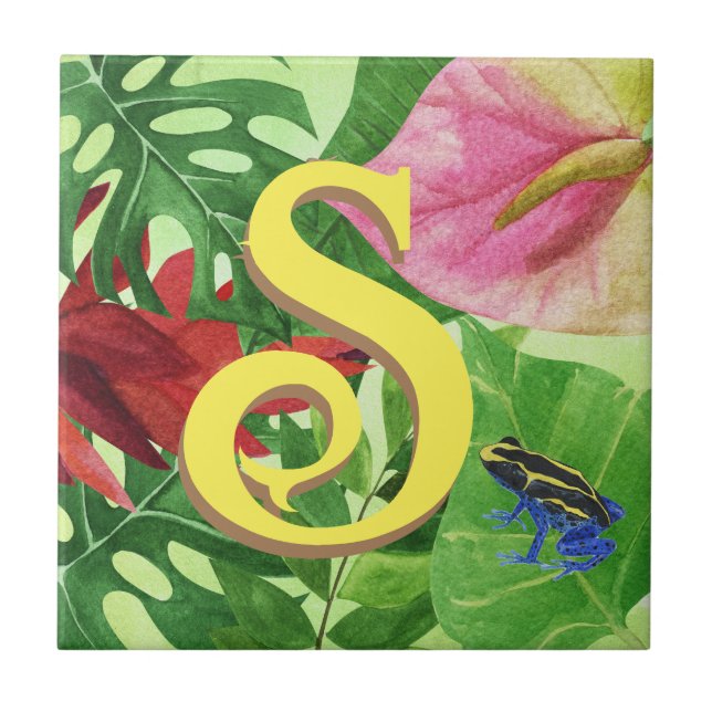 Personalized Tropical leaves Botanical jungle frog Tile (Front)