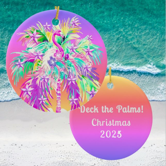 Personalized Tropical Palm Tree Flamingo Christmas Ceramic Tree Decoration (Personalize the back!)