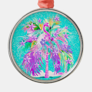 Personalized Tropical Palm Tree Flamngo Christmas Metal Tree Decoration