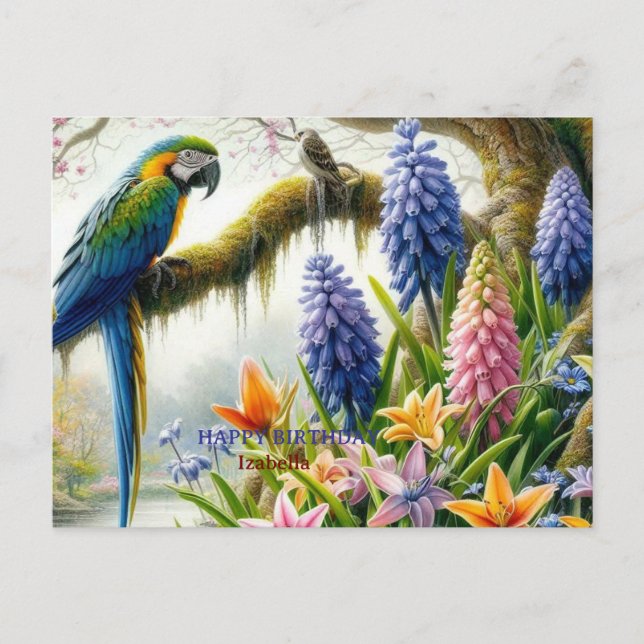 Personalized Tropical Parrot Birthday Card with Fl (Front)
