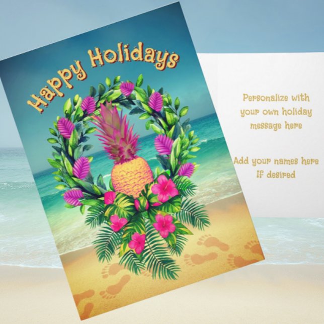 Personalized Tropical Pineapple Wreath Holiday Card (Personalize with your own message!)