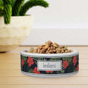 Personalized Tropical Red Hibiscus Pattern Pet Bowl