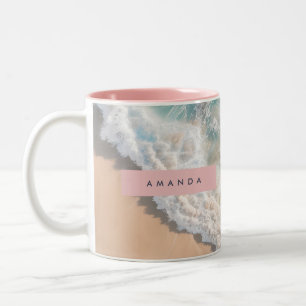 Personalized Turquoise Ocean Wave Beach Two-Tone Coffee Mug