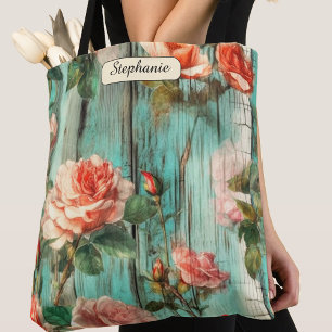 Personalized Turquoise Shabby Chic Rose Carryall Tote Bag