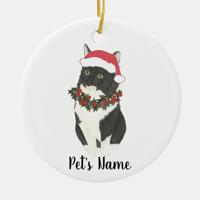 Personalized Tuxedo Ragamuffin Cat Ceramic Tree Decoration (Front)