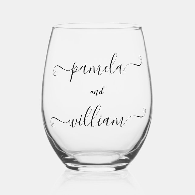 Personalized Two Names Curly Font Stemless Wine Glass (Front)