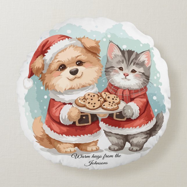 Personalized two-sided christmas besties cat dog  round cushion (Front)