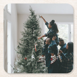 Personalized Two Sided Family Christmas Photo    Square Paper Coaster