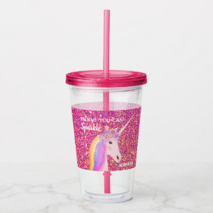 Personalized Unicorn Girly Pink Glitter Sparkle Acrylic Tumbler